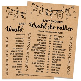 Baby Shower Game Cards, Would She Rather Baby Shower Game, Set of 30 Cards, Rustic Bridal Wedding Shower or Bachelorette Party Game, Baby Shower Ideas, Kraft