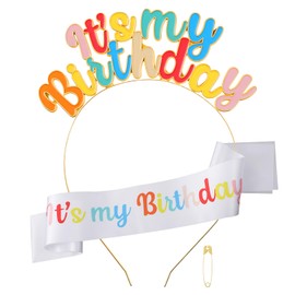 Qulkws Birthday Crown and Sash Set for Women, B-day Accessories, Headband Set, Happy Birthday Crowns, Tiara Crowns, Rainbow B-day Headband for Women