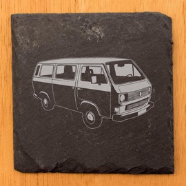 VW Bus Adventure: Set of Rustic Slate Coasters with Laser-Etched Vintage Volkswagen Design - Unique Home Decor for the Travel Enthusiast! - Square Slate - set of 4
