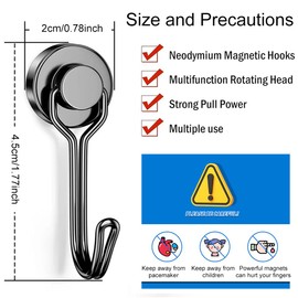 Pack of 4 Magnetic Hooks, Extra Strong, Black Magnetic Hooks, Neodymium Magnetic Hooks, Holds 6 kg, Rotating Magnetic Hook, for Kitchen, Gadgets, Bedroom, Lockers, Office, Fridges, Garden Tools