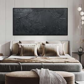 HUBOSKN Black Abstract Hand Painted Wall Art for Living Room - Minimalist Large Canvas Wall Art for Office - Frames Wall Decor Bedroom Size 29" x 59"