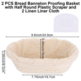 2 PCS Oval Bread Banneton Proofing Basket 25x15x8.5CM Sourdough Proofing Basket with Half Round Plastic Scraper and 2 Linen Liner Cloth, Bread Basket for Professionals and Home Bread Bakers