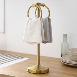 Hoimpro 17" Brushed Gold Free Standing Towel Rack Bracket, Double Towel Ring Hand Towel Stand Holder, Bathroom Hardware Accessories Set Towel Bar for Bathroom Vanities and Kitchen Countertops