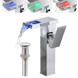 Chrome Bathroom Vessel Faucet Led Light 3 Color Changing Waterfall Single Handle One Hole Bowl Sink Faucet Matching Pop Up Drain Without Overflow Supply Lines Vanity Lavatory Deck Mount Tall