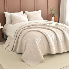 Sanracie Oversized King Quilt Bedspreads 120"*120" for Extra Bed, 100% Cotton Coverlet King Size Leaves Quilting Wheat Colored Super Large Wide California King Bed Quilt Sets Soft Lightweight