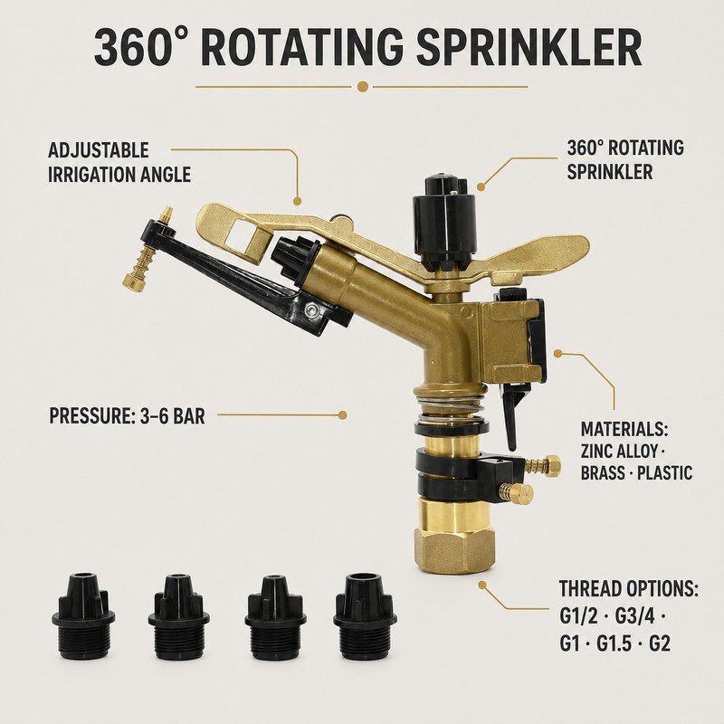 360° Rotating Impact Rain Gun Sprinkler Head, 1/2–2 Inch Thread
