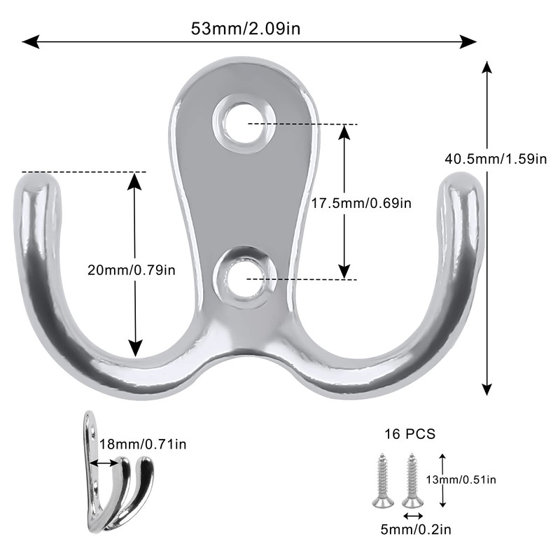 6 PCS Double Prong Robe Hooks Dual Coat Hooks Door