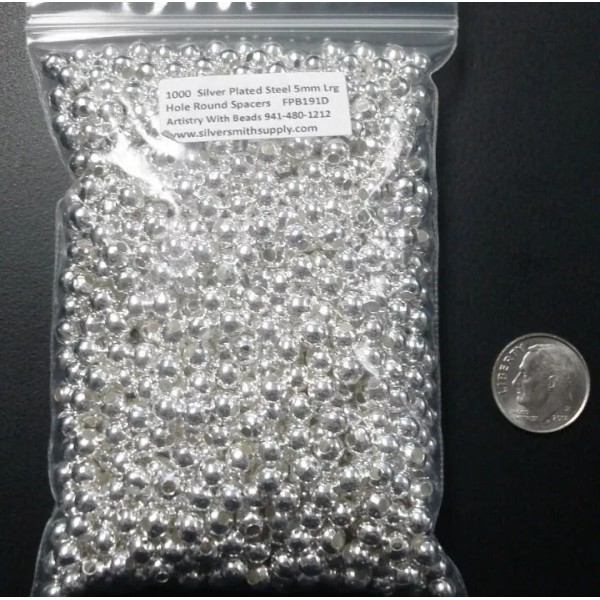 Silversmithsupply.com 5mm spacer beads smooth round silver plt lrg hole