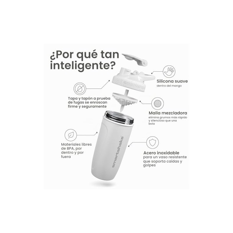 SmartShake Reforce Blanco Botella Mezcladora de Acero Inoxidable 900 ml,