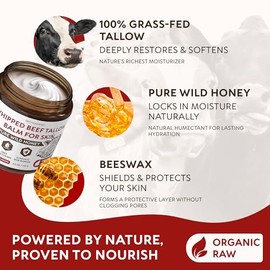 RICHGRAND Sebo De Res Para La Piel: Humectante Batido De Animales Alimentados Con Pasto Con Miel Silvestre Y Cera De Abejas Cuidado Natural Para Rostro Y Cuerpo Hidratación Profunda Antienve