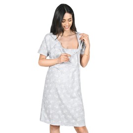 MijaCulture 2 in1 Maternity & Nursing/Breastfeeding Cotton Nightdress 2074 (M, Grey/Hearts)