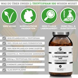 QIDOSHA® L Tryptophan Capsules, High Dosage, 240 Capsules in Glass, Vegan, L-Tryptophan 500 mg per Capsule, Pure Vegetable L-Tryptophan 500 mg, L Tryptophan High Dosage, Produced in Germany