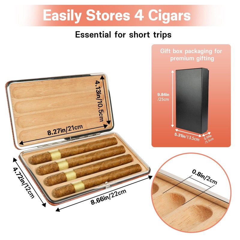 Cigar Travel Case Leather Cigar Humidor Cedar Wood Lining, 4-