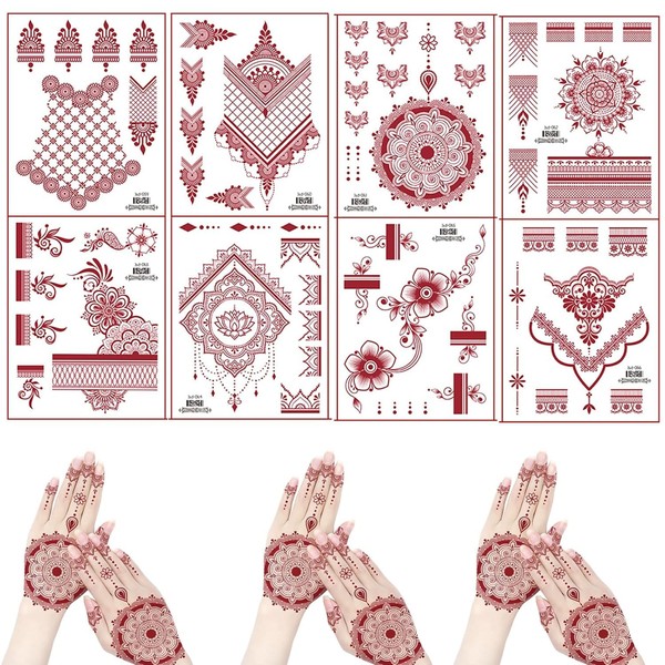 8 Sheets Brown Tattoo Kit,Red Brown Temporary Tattoo Stickers Waterproof