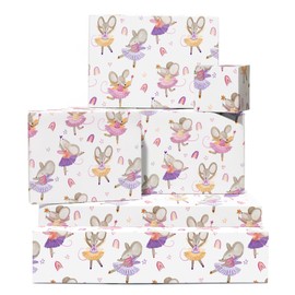 Mouse Wrapping Paper - 6 Sheets Of Gift Wrap For Her - Ballerina Mouse Rainbow Heart Design - White Wrapping Paper - Comes With Stickers - Recyclable - By Central 23