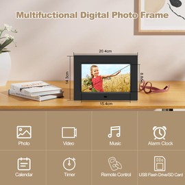 Digital Picture Frame 7 Inch HD IPS Display Electronic Photo Frame with Remote Control Video Music Playback with USB SD Card Slots Calendar Time Alarm (Black)