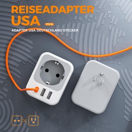 TESSAN USA Adapter Socket, 4 in 1 Travel Adapter USA with USB C and 2 USB A, Adapter USA Germany Plug, Socket Adapter USA, Travel Plug USA, Travel Adapter Type B for Thailand Canada Mexico