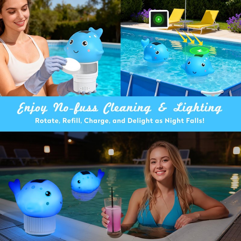 Blufree Pool Chlorine Floater, Solar Whale Chlorine Tablet Floater w/Light,