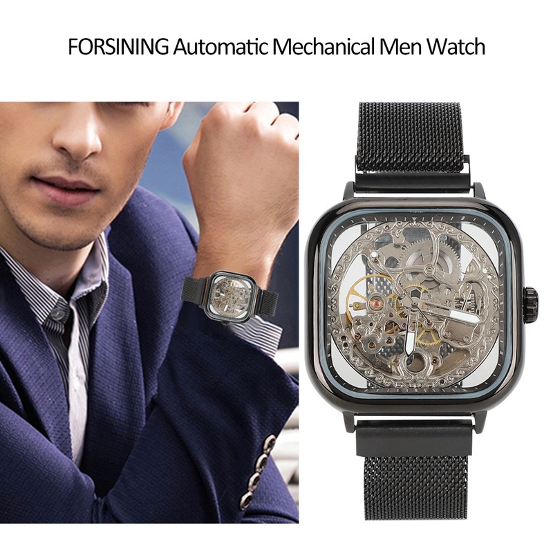 FORSINING Stainless Steel Strap Waterproof Hollow Automatic Mechanical Men WatchBlack