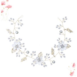 PACKOVE White Pearl Flower Wedding Headband Bridal Rhinestone Alloy Leaf Headpiece Handmade Elegant Hair Accessory for Bride and Bridesmaids Party