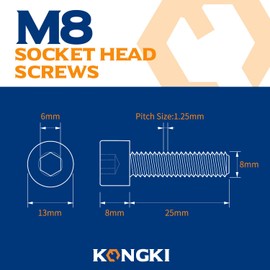 M8-1.25 x 25mm Socket Head Cap Screws Bolts, Allen Drive, 12.9 Alloy Steel, Full Thread, Black Oxide, 10 PCS (with Hex Spanner)