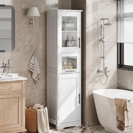 GarveeHome Narrow Bathroom Storage Cabinet, 67" H Tall Slim Cabinet with Glass Doors and Adjustable Shelf, Freestanding Slim Cupboard for Small Spaces, Laundry Room, Kitchen Pantry, White