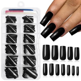 Lifextol 120PC Black Square Press on Nails Medium Long Fake Nails Press ons with Glue Nail Adhesive Tabs, 12 Sizes Acrylic Nails Press on Nails Square Black Stick Nails Tips Artificial Fingernails