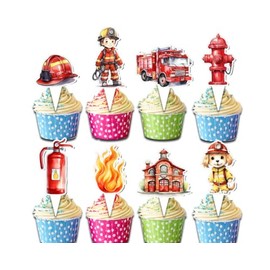 24 Pcs Firefighter Cupcake Toppers Fireman Party Decorations, Fire Truck and Firehouse Theme