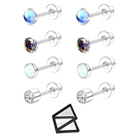 4 Pairs of Stud Earrings, Silver Titanium Earrings, Women's Suit for Women, Cartilage Flatback Earring and a Storage Box, Fashionable Accessory for Wedding Parties, Graduation Ceremonies