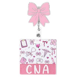 CNA Badge Reel and Buddy, Pink Bow Retractable ID Nurses Badge Holder, Acrylic Glitter Badge with Alligator Clip CNA Accessories for Work Gift for Hospital Coworkers Nursing