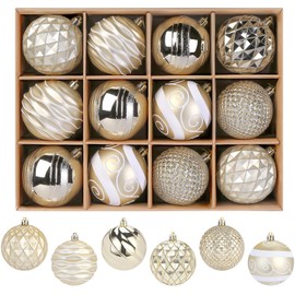 SHareconn 80mm Christmas Baubles,12PCS Colored Shatterproof Plastic Decorative Hanging Tree Decorations Baubles Set for Xmas Tree Decor Holiday Party Wedding Decoration with lanyard,Gold & White