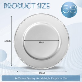 YJYQHYX 50 Pack Silver Charger Plates 13" Plastic Round Charger Plates Dinner Plate With Beaded for Spring Easter Wedding Table Dinner Kitchen Catering Event Party Decoration