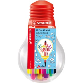 Premium Felt Pen - STABILO Pen 68 Mini - Colourful Ideas - Pack of 12 - with 12 Different Colours in Resealable Bulb
