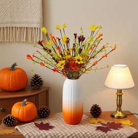 RHN Fall Decorations for Home,6 Pcs Fall Flowers Artificial with Daisies Forsythia Flowers Berry Leaf Stem for Autumn Harvest Thankgiving Home Table Vase Centerpiece Decor（Yellow Orange Burgundy）