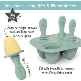 PrimaStella Moldes de silicona Petite Pops - Molde de paleta para bebé - Libre de BPA - Apta para lavaplatos - 4 meses+ (Mordido de dentición color verde saúco)