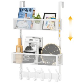 LUCYCAZ Adjustable Over The Door Hooks Organizer, Door Hanger Storage with 10 Coat Hooks & 2 Mesh Basket, Over The Door Towel Rack Door Organizer for Bathroom,Bedroom,Kitchen (White)