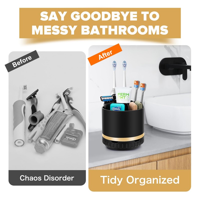 GFWARE Bathroom Organizer Countertop - Rotating Black Toothbrush Holder for