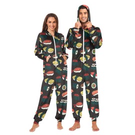 Fisyme Sushi Japan Adult Onesie Pajamas for Women Men Long Sleeve One-Piece Costume Sleepwear Jumpsuit Homewear, L