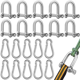 cersaty® Pack of 10 Shackles, 304 Stainless Steel Shackles with 10 Carabiner Hooks for Hanging Sandbags, Mountaineering, Hiking, Rigging, Wire Rope, Shackle Snap Hook Set