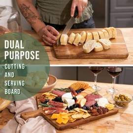 Acacia Wood Cutting Board and Chopping Board with Handle for Meat, Cheese Board, Vegetables, Bread, and Charcuterie - Decorative Wooden Serving Board for Kitchen and Dining Room, Large 17" x 13"