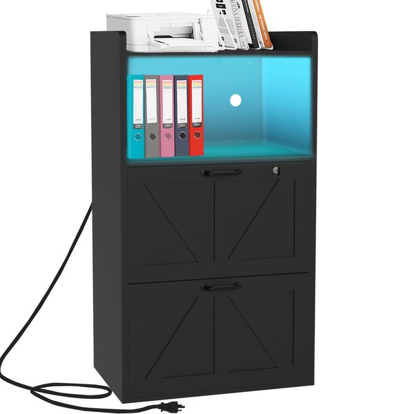 BTWDI 2 Drawer Lateral File Cabinet with Charging Station, Wood
