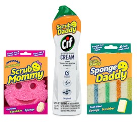 Scrub Daddy Scrub Daddy + Cif Bundle - Includes Cif Cream All Purpose Cleaner, Scrub Mommy Sponge, and Sponge Daddy Color Coated Sponges (4 Count Set)