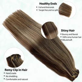 Valiilo Hair Extensions Clip ins Medium Brown to Caramel Blonde Highlighted Human Hair Clip in Extensions 22Inch Balayage Remy Hair Extensions for Full Head 70g 7Pieces