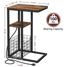 Vagusicc C Shaped End Table with Charging Station, Side Table for Couch, Small Side End Table for Small Spaces, 28" High Slide Under Sofa Table for Coffee, Tv Tray Table for Living Room, Rustic Brown