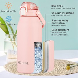 Autsel 1.7L Stainless Steel Water Bottle with Straw Large Metal Water Bottles Flask with Handle Double Walled Insulated Sports Water Bottle Leakproof for Gym Sports