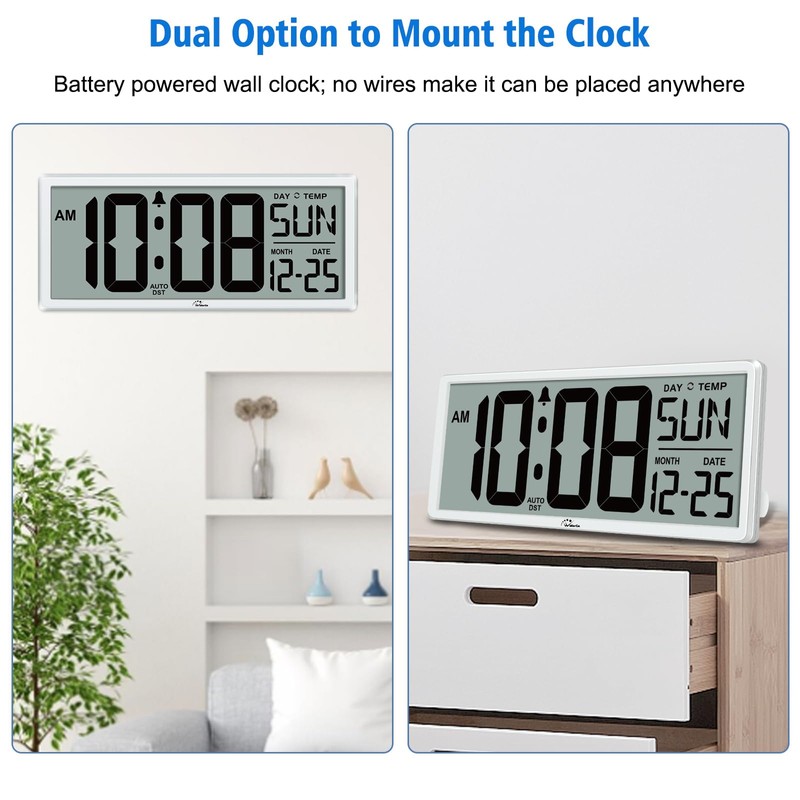 WallarGe Backlight Digital Wall Clock Battery Operated - with Temperature