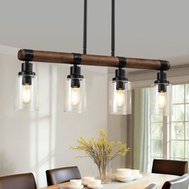 Dining Room Chandelier Over Table, 4-Light Farmhouse Kitchen Island Lighting, Matte Black Rustic Wood Chandelier with Clear Glass Shade, Ceiling Pendant Light Fixture for Kitchen