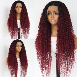 MACA BAKA Ombre Burgundy Deep Curly 13x4 Lace Front Wigs Glueless Long Curly Dark Wine Red Synthetic Lace Front Wig for Women Pre Plucked with Baby Hair 150 Density 24 Inches