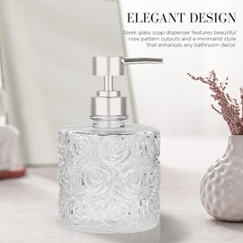 Marcella Glass Soap Dispenser with Soap Pump, Refillable 14 Ounce Capacity, Floral Design Rose Patterns, Heavy Weight Thick Glass for Bathroom, Premium Kitchen Soap Dispenser Clear