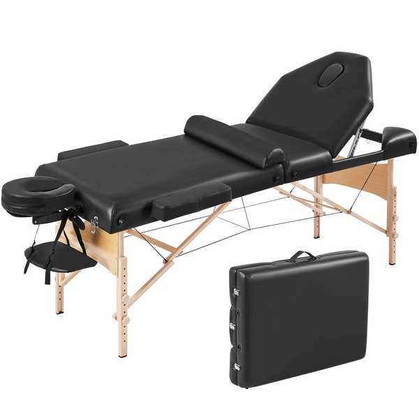 Yaheetech Massage Table Lash Bed for Eyelash Extensions Beauty Tattoo Table Portable with Bolster & Carrying Bag Folding Facial Bed 3 Fold Black